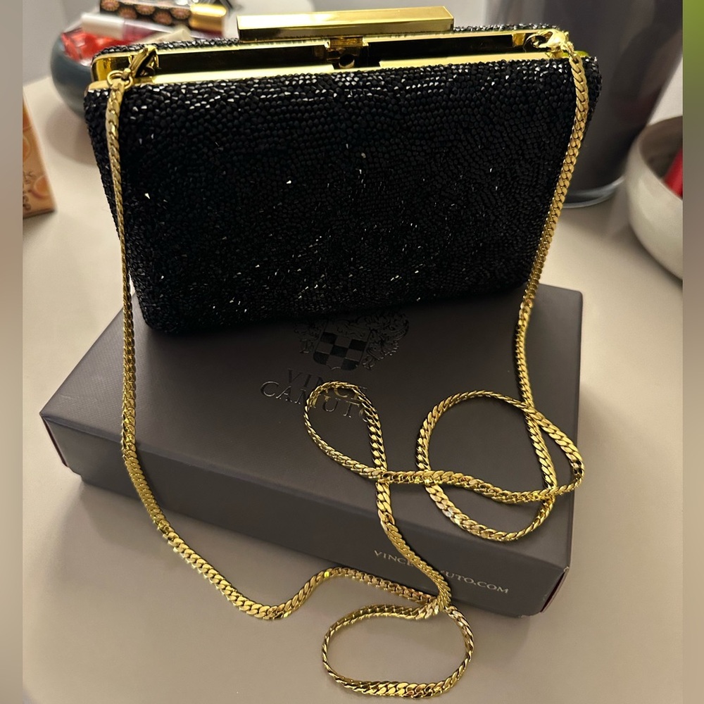 Black crystal Vince Camuto clutch with removable chain